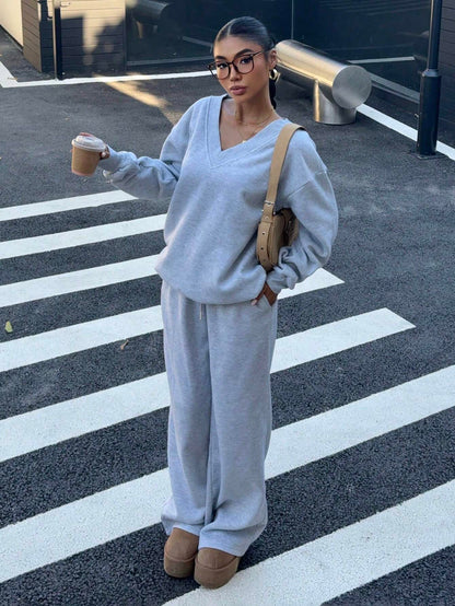 SXV Women's Oversized V-Neck Fluffy Soft Stretch Loose Sweatshirt And Sweatpants 2 Pieces Set, Autumn