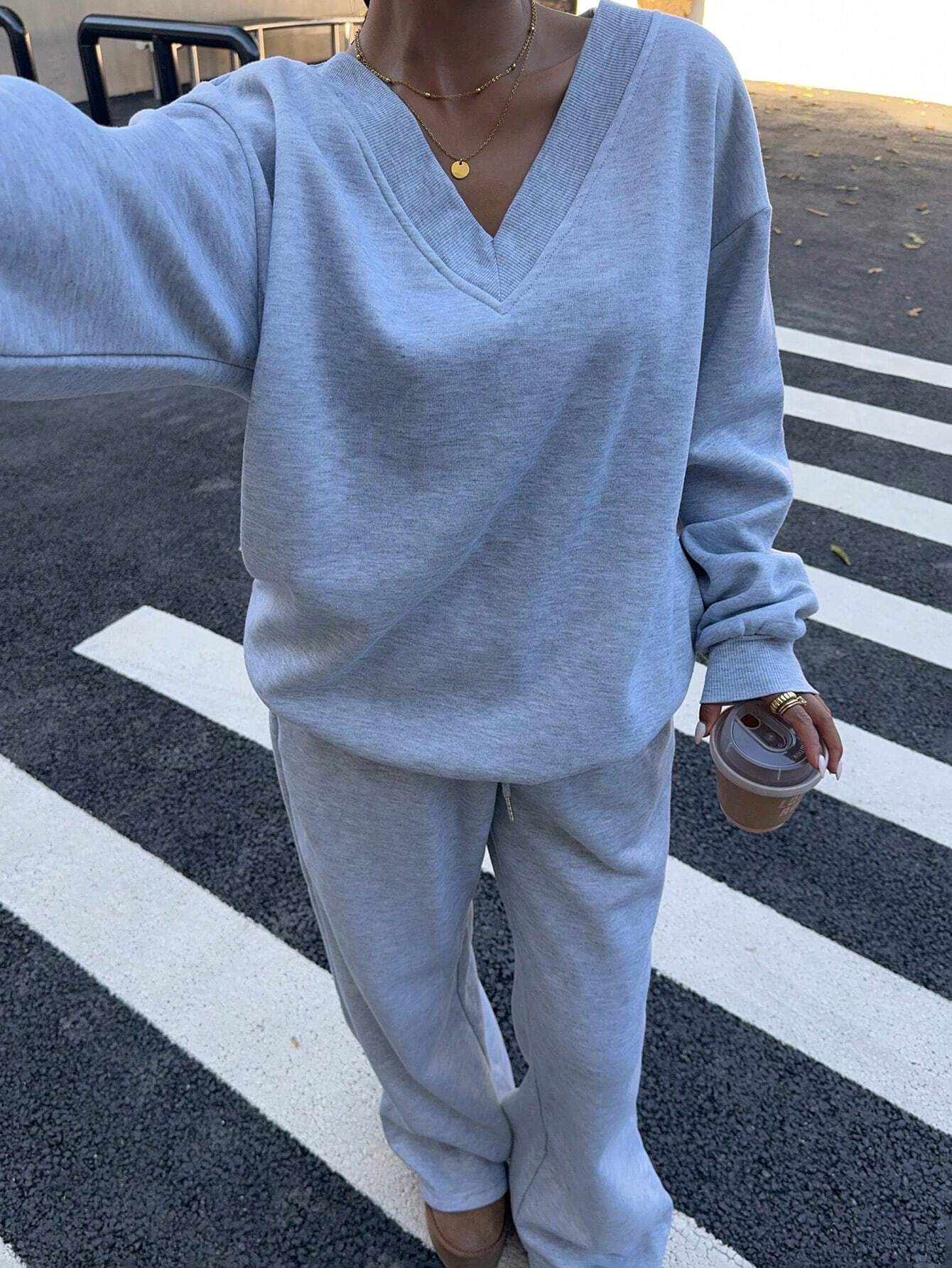 SXV Women's Oversized V-Neck Fluffy Soft Stretch Loose Sweatshirt And Sweatpants 2 Pieces Set, Autumn
