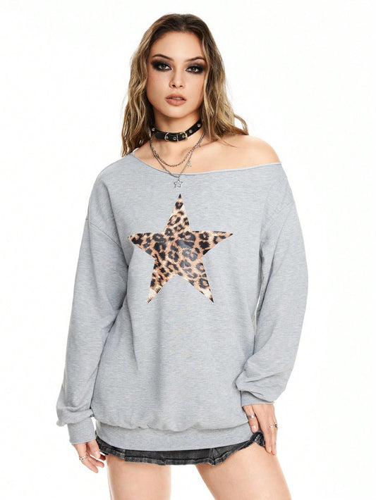 SXV off sholder grey sweatshirt with a leopard print star patch