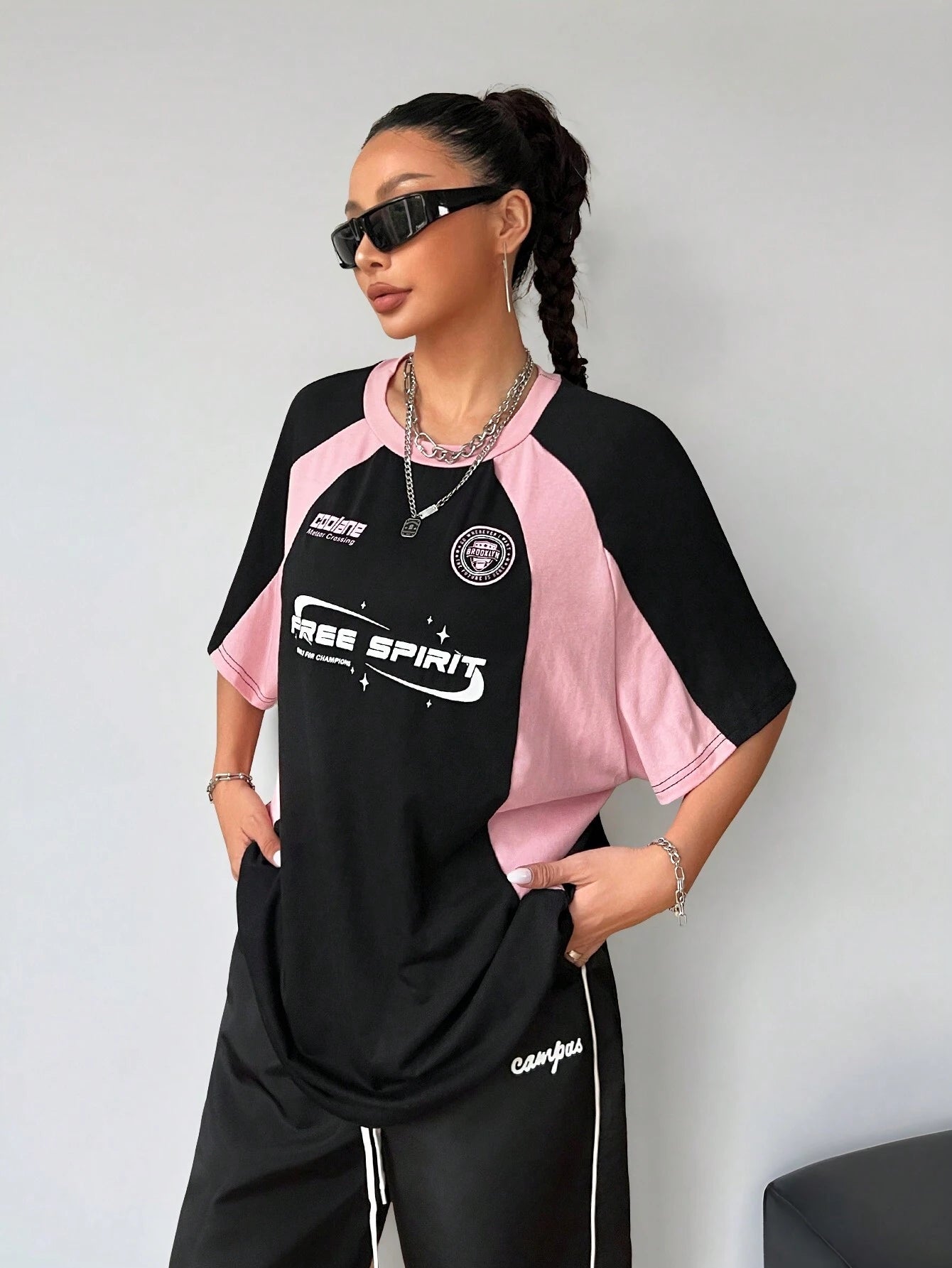 SXV 'free spirit’ Printed Cool Aesthetic Colorblocked Racing Oversized Baggy T-shirt