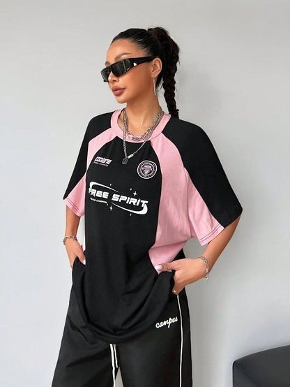 SXV 'free spirit’ Printed Cool Aesthetic Colorblocked Racing Oversized Baggy T-shirt