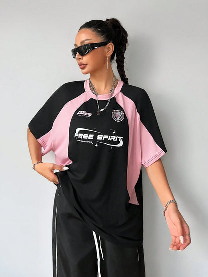 SXV 'free spirit’ Printed Cool Aesthetic Colorblocked Racing Oversized Baggy T-shirt