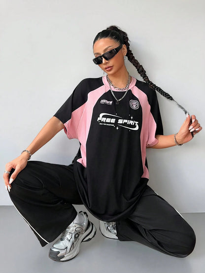SXV 'free spirit’ Printed Cool Aesthetic Colorblocked Racing Oversized Baggy T-shirt