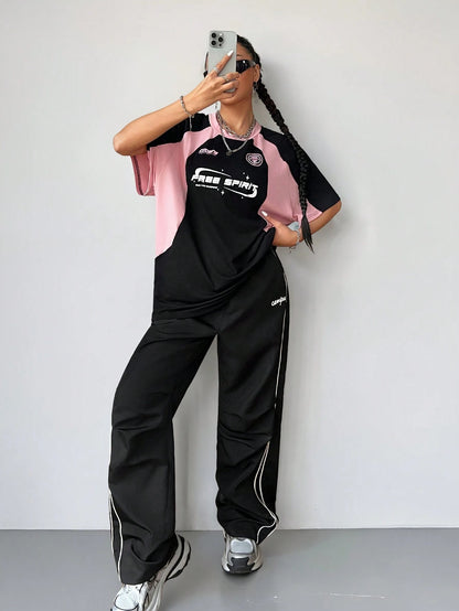SXV 'free spirit’ Printed Cool Aesthetic Colorblocked Racing Oversized Baggy T-shirt