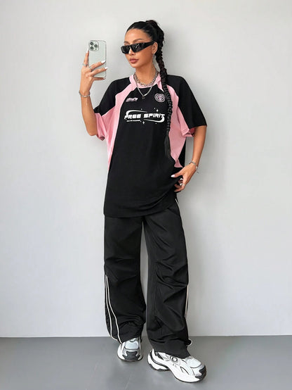 SXV 'free spirit’ Printed Cool Aesthetic Colorblocked Racing Oversized Baggy T-shirt