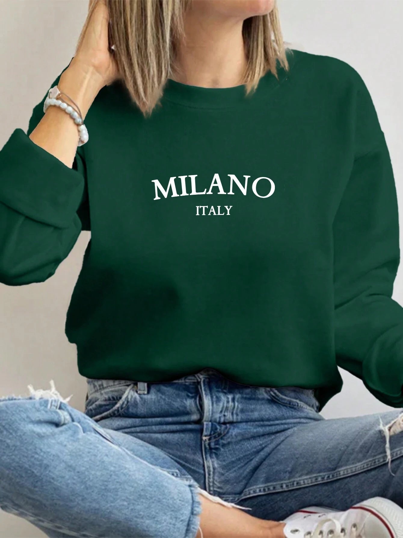 SXV Casual Minimalist Milano Print Pattern Round Neck Long Sleeve Loose Women Sweatshirt Autumn And Winter