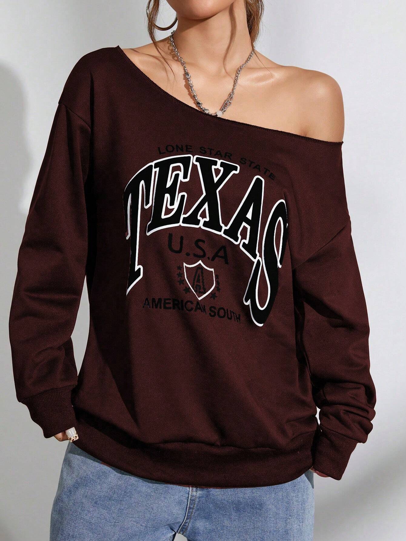 SXV Women Oblique Shoulder Long Sleeve Letter Print Casual Sweatshirt