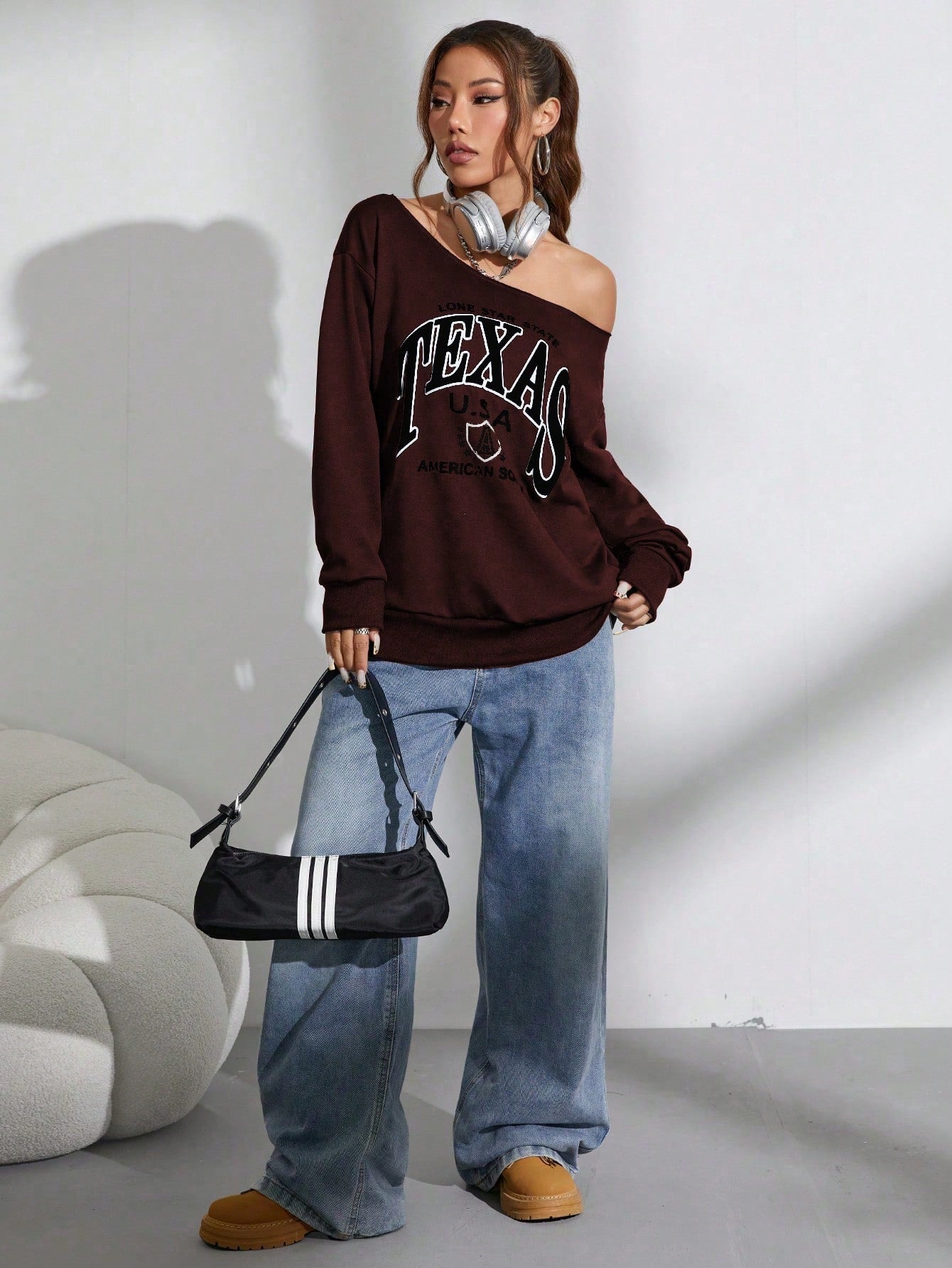SXV Women Oblique Shoulder Long Sleeve Letter Print Casual Sweatshirt
