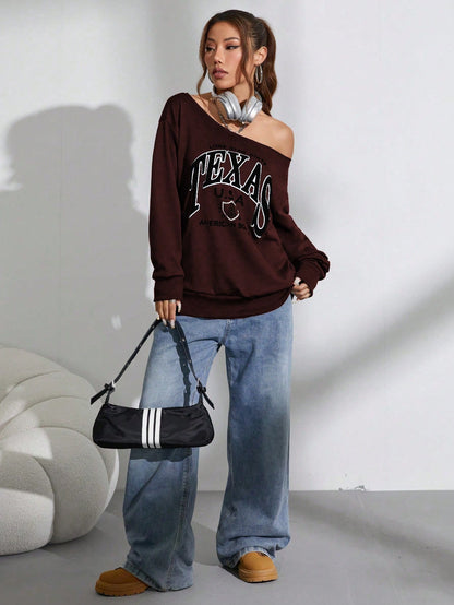 SXV Women Oblique Shoulder Long Sleeve Letter Print Casual Sweatshirt