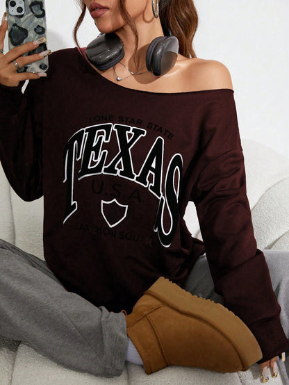 SXV Women Oblique Shoulder Long Sleeve Letter Print Casual Sweatshirt