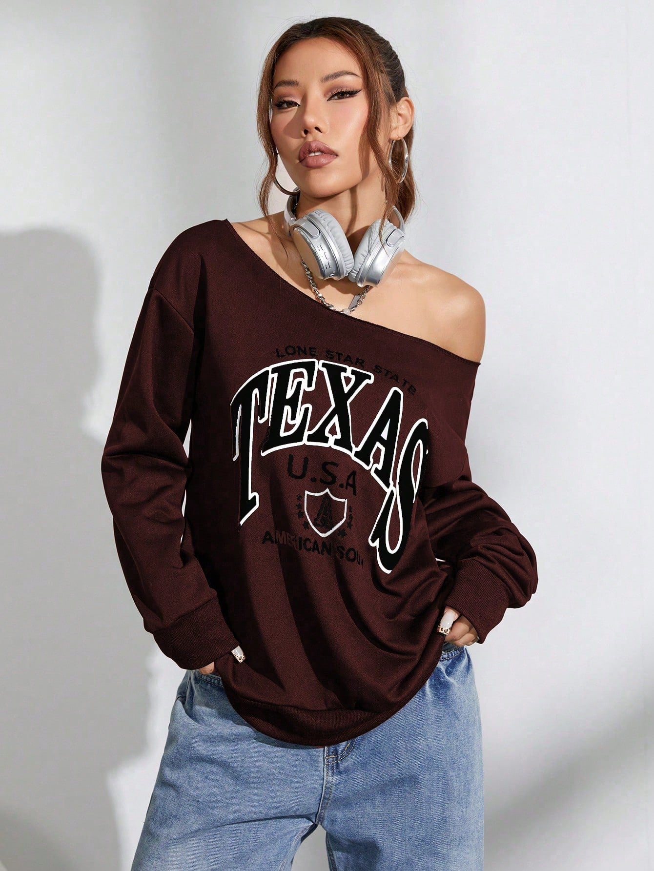 SXV Women Oblique Shoulder Long Sleeve Letter Print Casual Sweatshirt