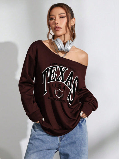 SXV Women Oblique Shoulder Long Sleeve Letter Print Casual Sweatshirt