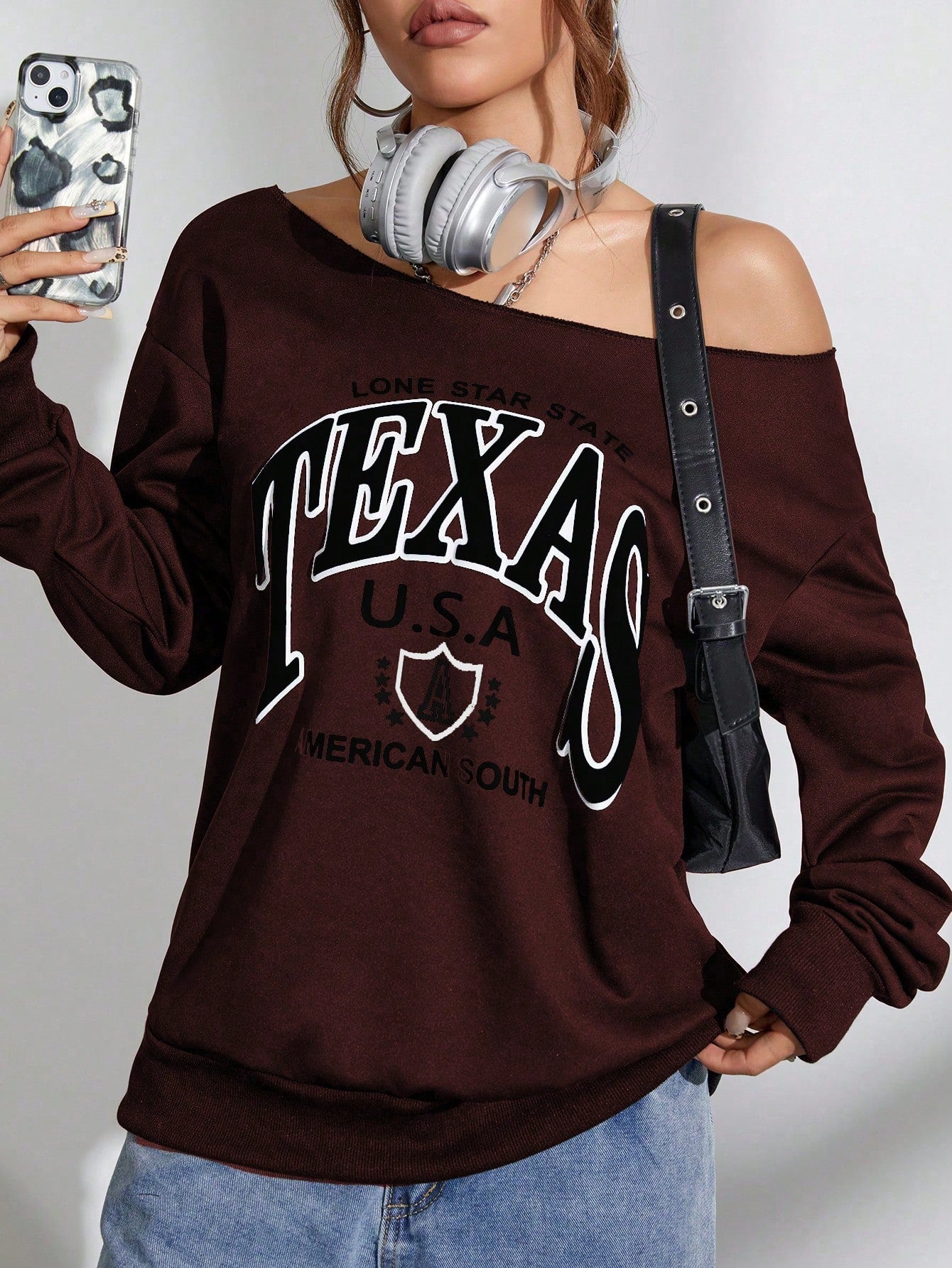 SXV Women Oblique Shoulder Long Sleeve Letter Print Casual Sweatshirt