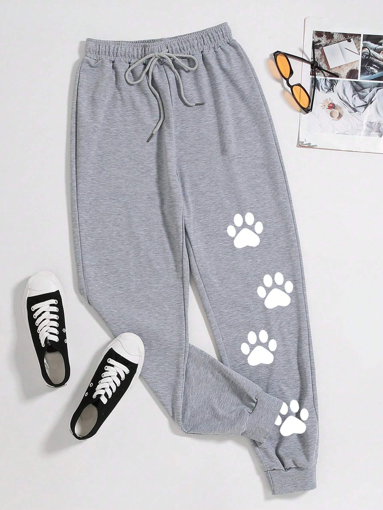 SXV Bear Footprint Print Drawstring Waist Sweatpants Casual Women's Pants