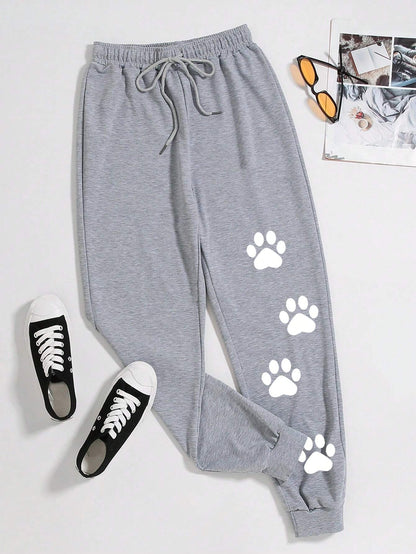 SXV Bear Footprint Print Drawstring Waist Sweatpants Casual Women's Pants