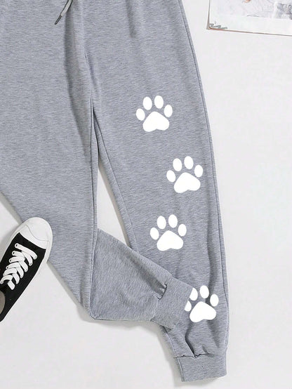SXV Bear Footprint Print Drawstring Waist Sweatpants Casual Women's Pants
