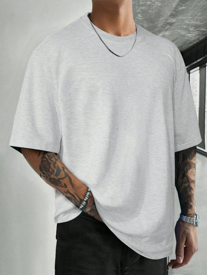 SXV Grey Men's Casual Round Neck Short Sleeve Minimalist Top, Daily Wear Tee