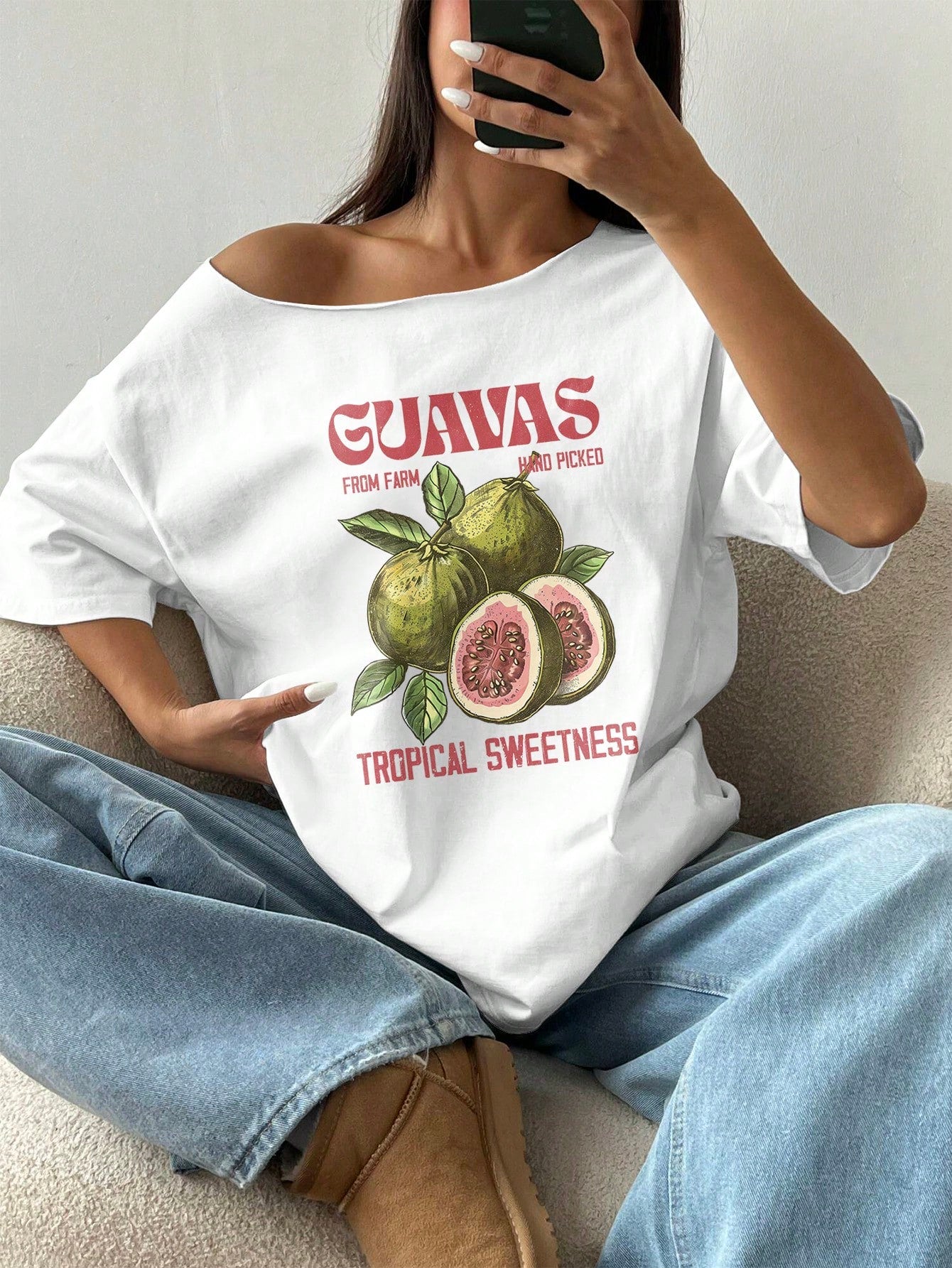 SXV Women's Loose Pomegranate White Asymmetrical Neck Oversized T-Shirt