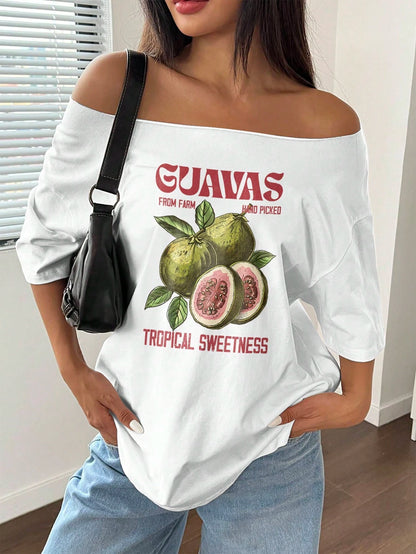 SXV Women's Loose Pomegranate White Asymmetrical Neck Oversized T-Shirt