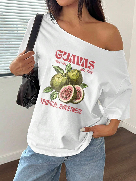 SXV Women's Loose Pomegranate White Asymmetrical Neck Oversized T-Shirt