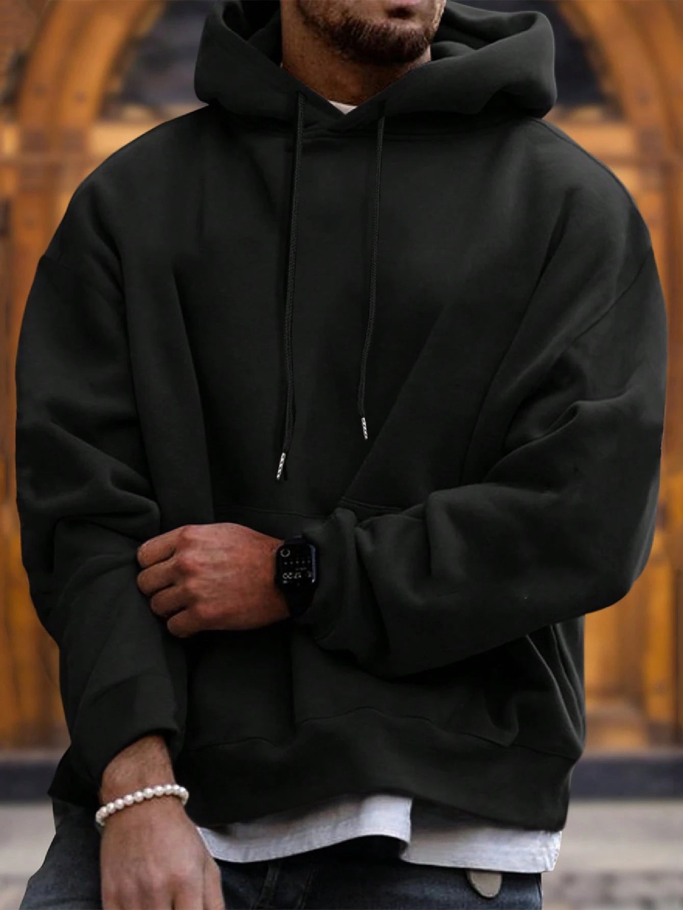 SXV Men's Solid Color Drop Shoulder Long Sleeve Drawstring Pocket Casual Hoodie, Autumn