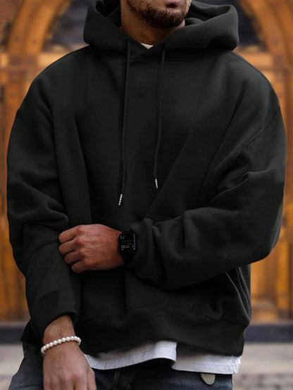 SXV Men's Solid Color Drop Shoulder Long Sleeve Drawstring Pocket Casual Hoodie, Autumn