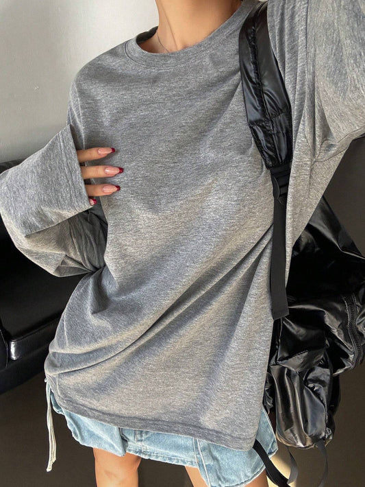SXV plain solid grey full sleeves oversized baggy drop shoulder t-shirt