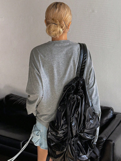 SXV plain solid grey full sleeves oversized baggy drop shoulder t-shirt