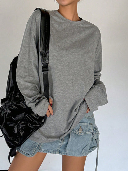 SXV plain solid grey full sleeves oversized baggy drop shoulder t-shirt