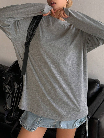 SXV plain solid grey full sleeves oversized baggy drop shoulder t-shirt