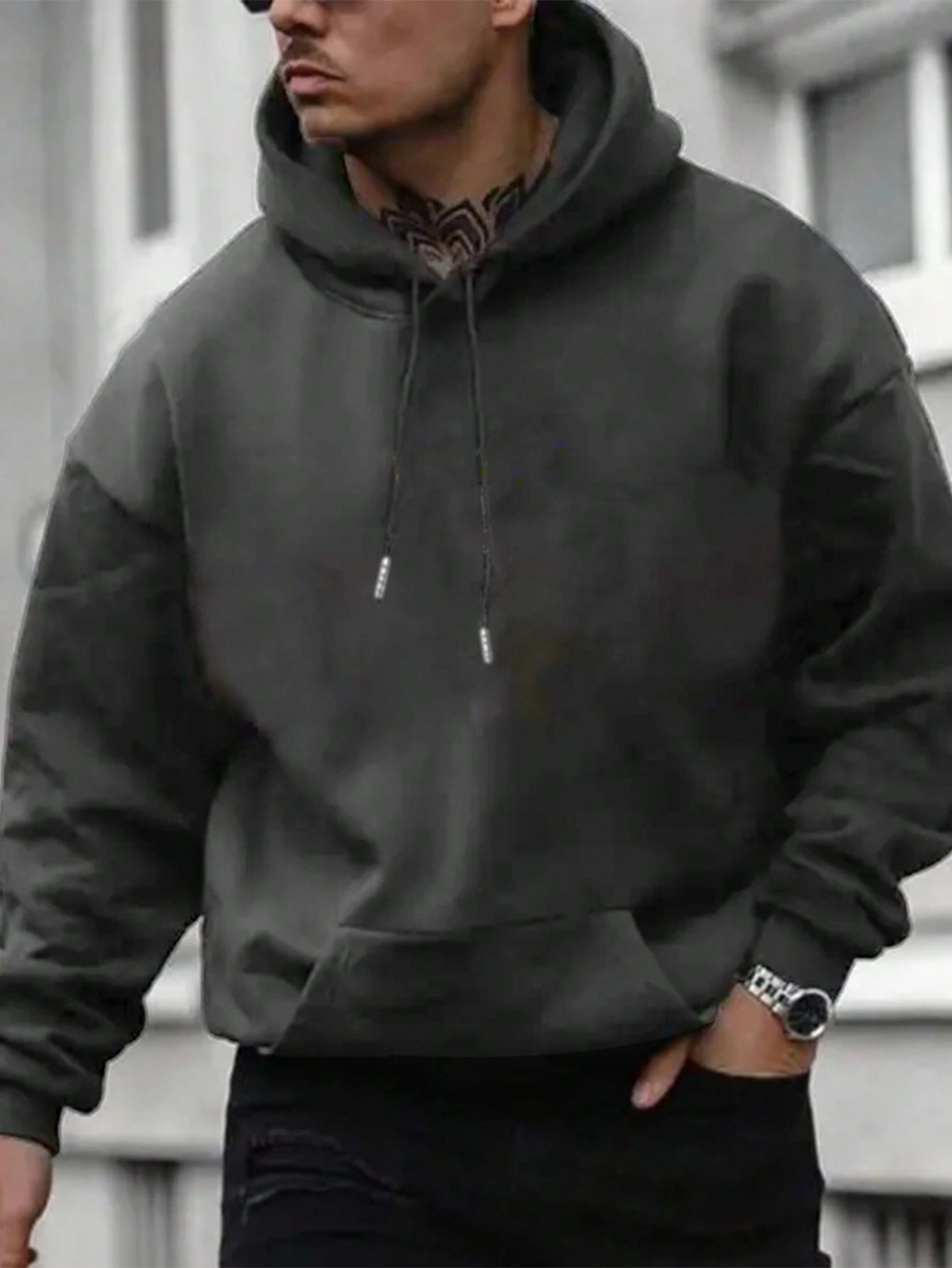 SXV Men's Solid Color Drop Shoulder Long Sleeve Drawstring Pocket Casual Hoodie, Autumn