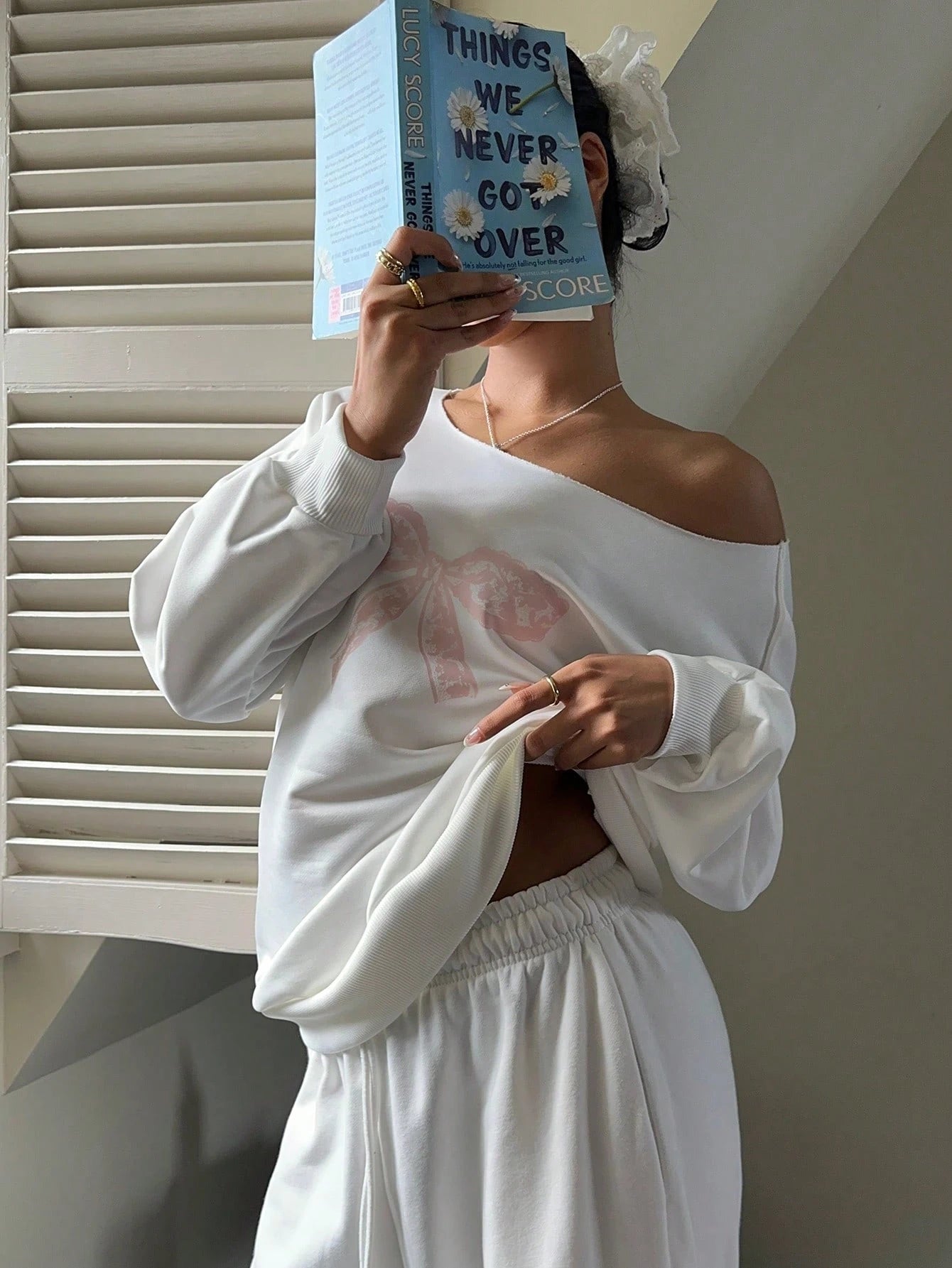 SXV Women's Lace Bow Off-Shoulder Loose Casual Long Sleeve Sweatshirt