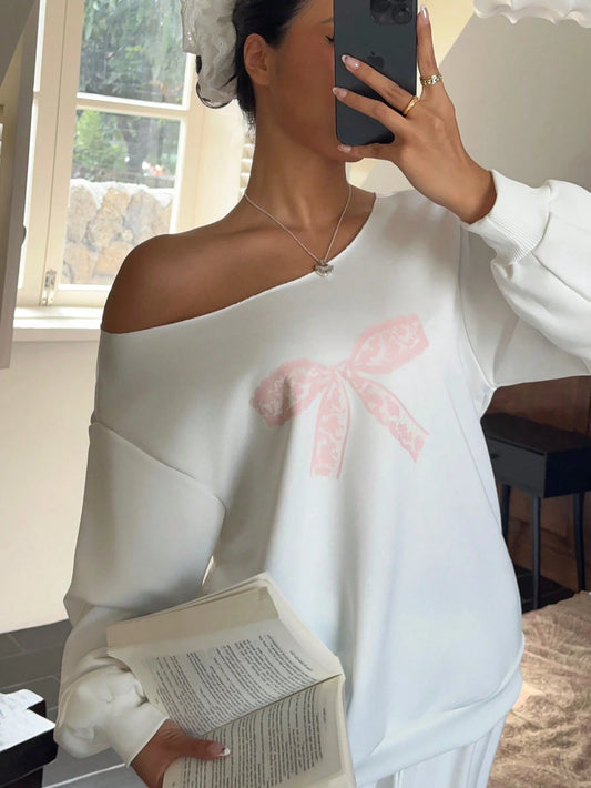SXV Women's Lace Bow Off-Shoulder Loose Casual Long Sleeve Sweatshirt