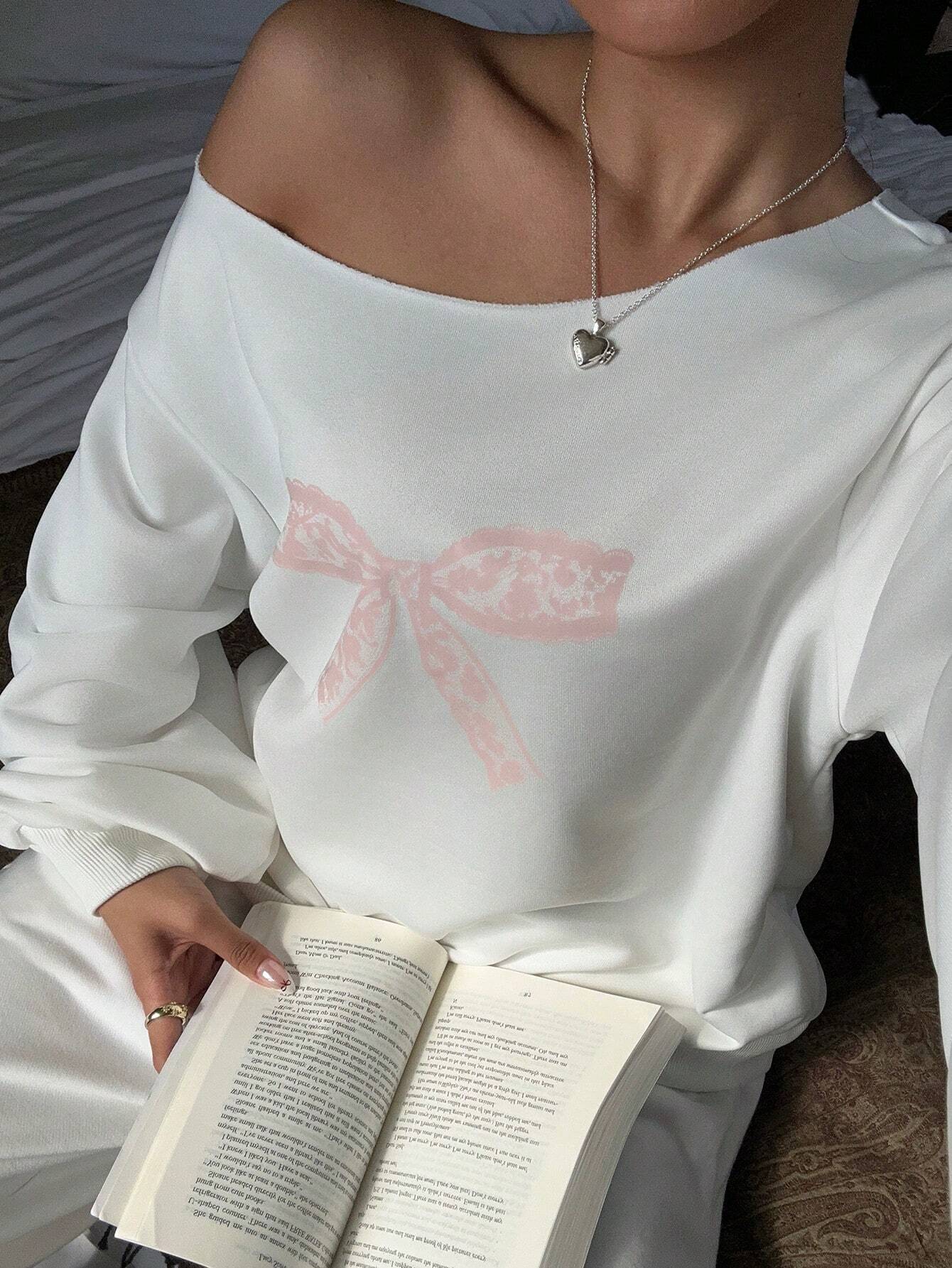 SXV Women's Lace Bow Off-Shoulder Loose Casual Long Sleeve Sweatshirt