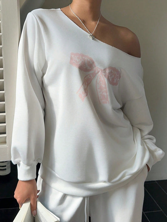 SXV Women's Lace Bow Off-Shoulder Loose Casual Long Sleeve Sweatshirt