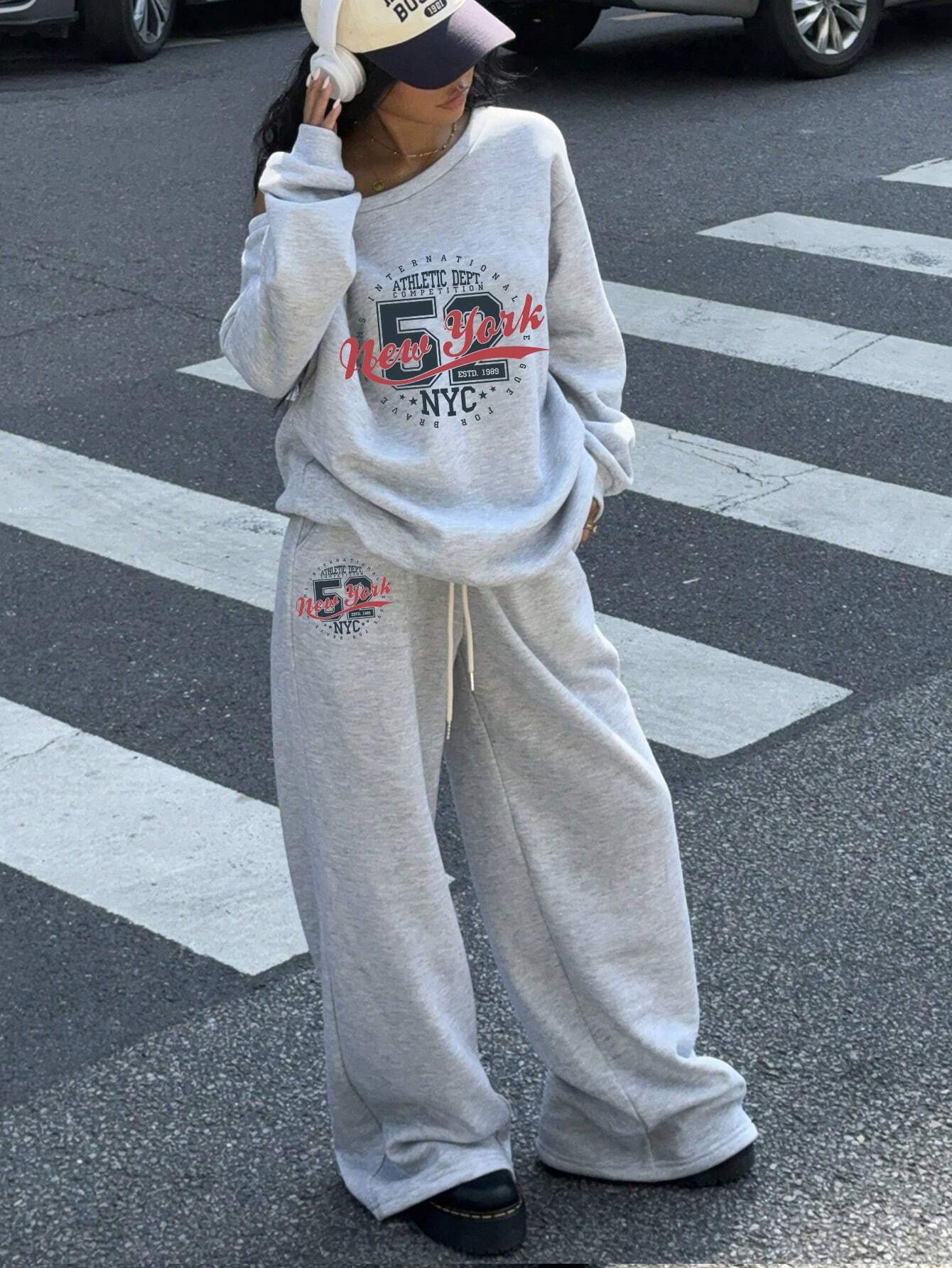 SXV 2pcs Ahletic dept Women's Set Oversized Off-Shoulder Loose Sweatshirt And Wide-Leg Thermal Lined Sweatpants For Autumn