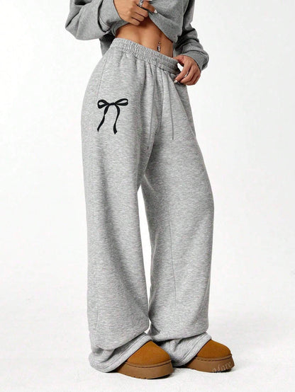 SXV Tween Girls Grey Casual Sweatpants With Butterfly Print, Y2K Straight Leg Loose Pants, Warm And Cozy For Autumn