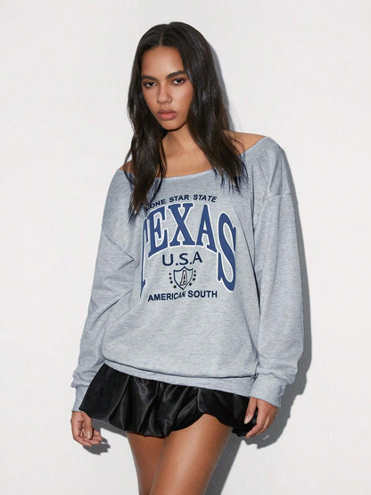 SXV Women Oblique Shoulder Long Sleeve Letter Print Casual Sweatshirt