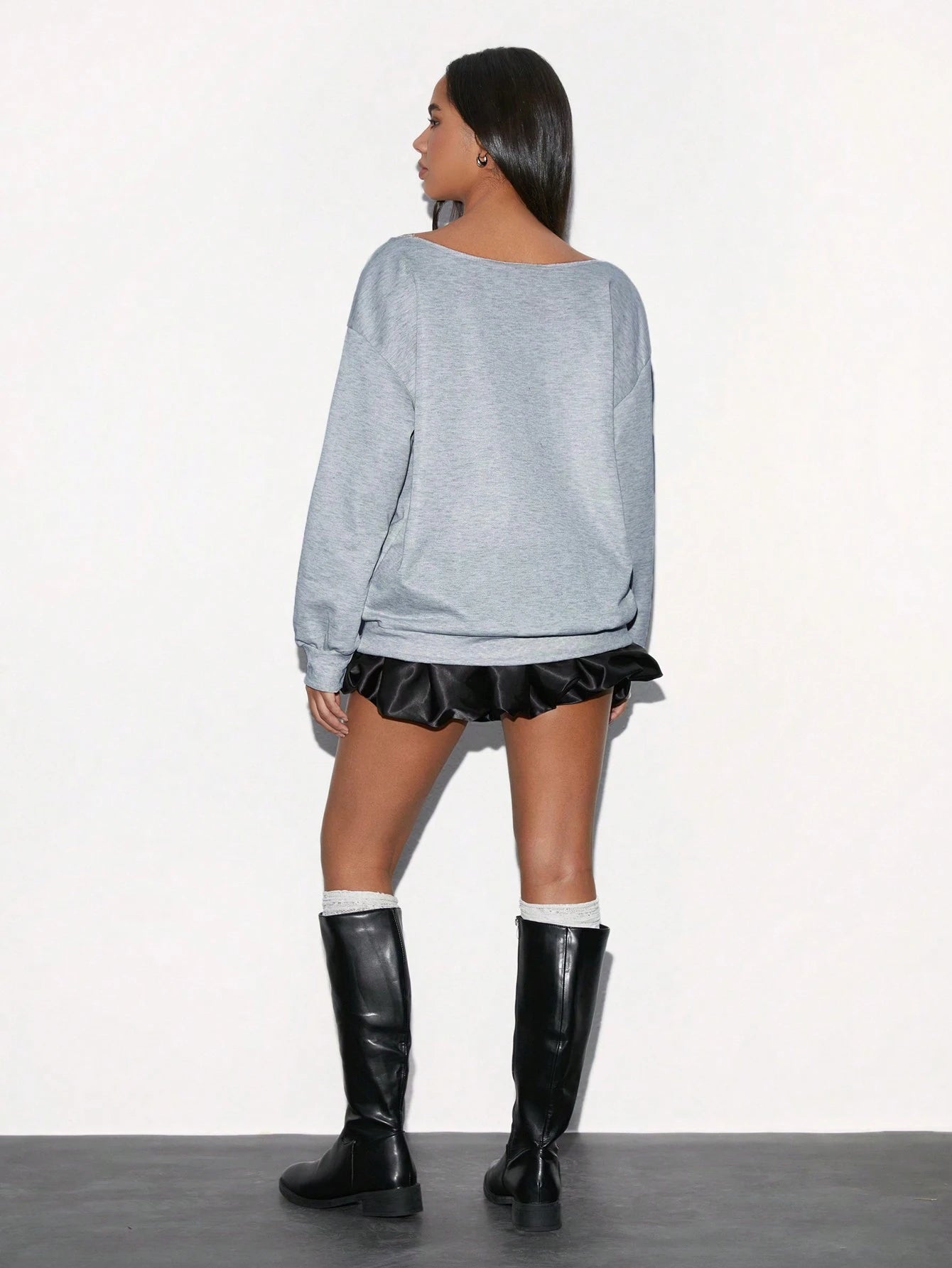 SXV Women's Off Shoulder Letter Print Casual Versatile Comfortable Long Sleeve Sweatshirt, Grey, Autumn