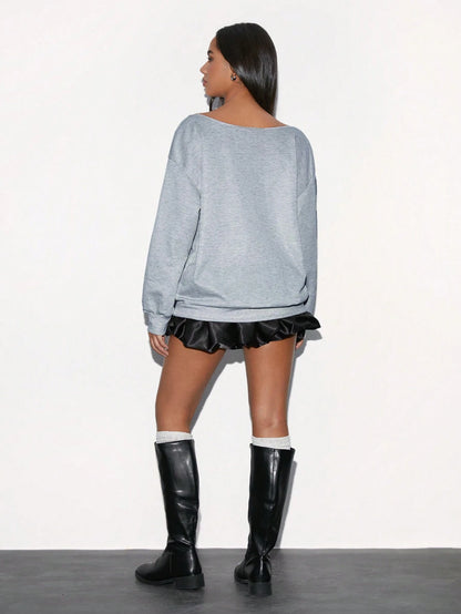 SXV Women's Off Shoulder Letter Print Casual Versatile Comfortable Long Sleeve Sweatshirt, Grey, Autumn
