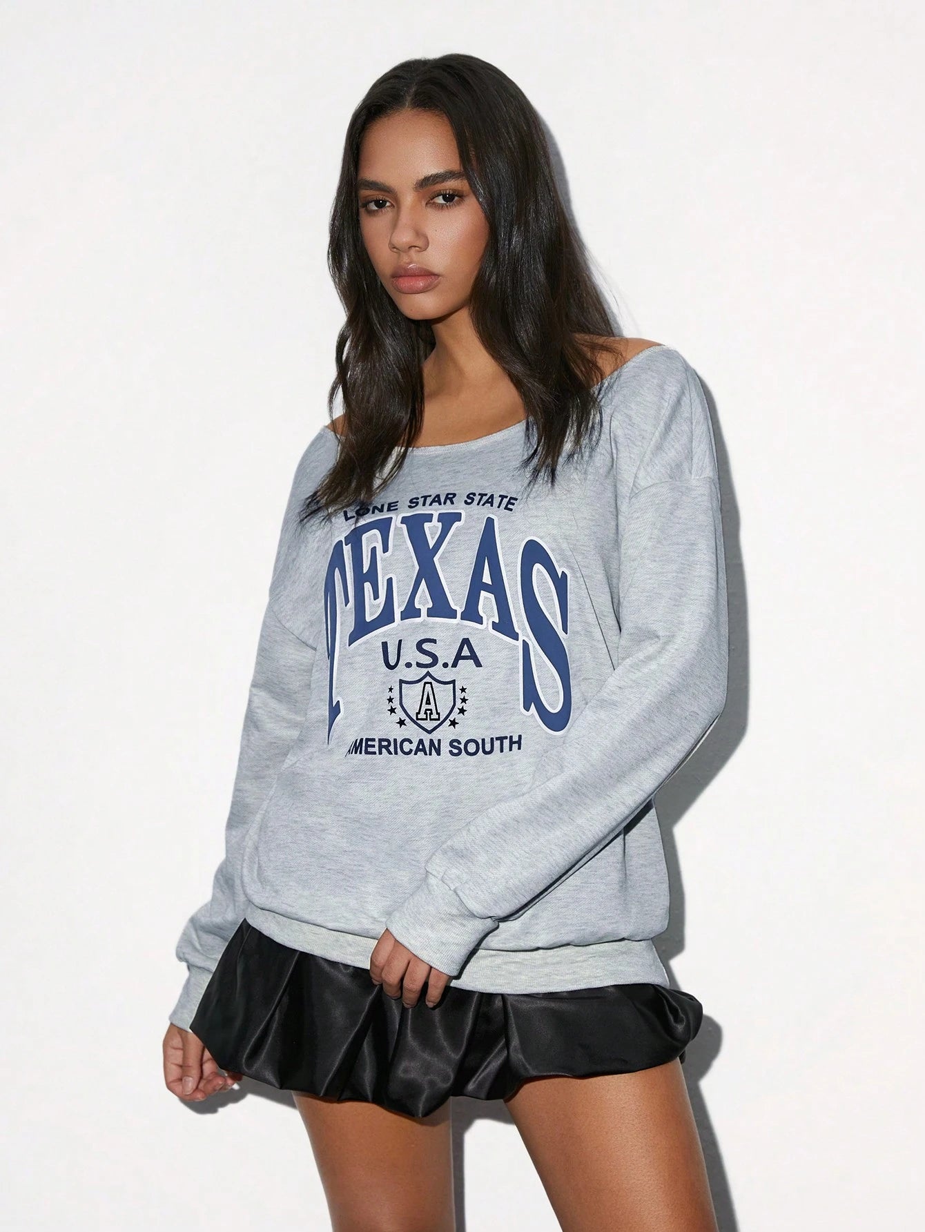 SXV Women's Off Shoulder Letter Print Casual Versatile Comfortable Long Sleeve Sweatshirt, Grey, Autumn