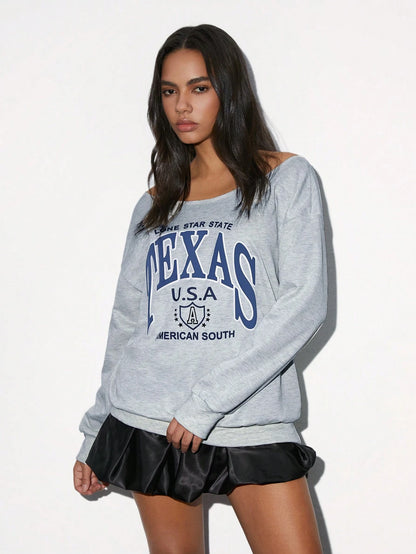 SXV Women's Off Shoulder Letter Print Casual Versatile Comfortable Long Sleeve Sweatshirt, Grey, Autumn