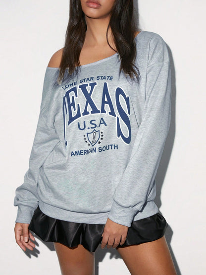 SXV Women's Off Shoulder Letter Print Casual Versatile Comfortable Long Sleeve Sweatshirt, Grey, Autumn
