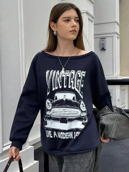 Women's Casual Car Letter Print Sweatshirt For Autumn Pullover Fall Outfit