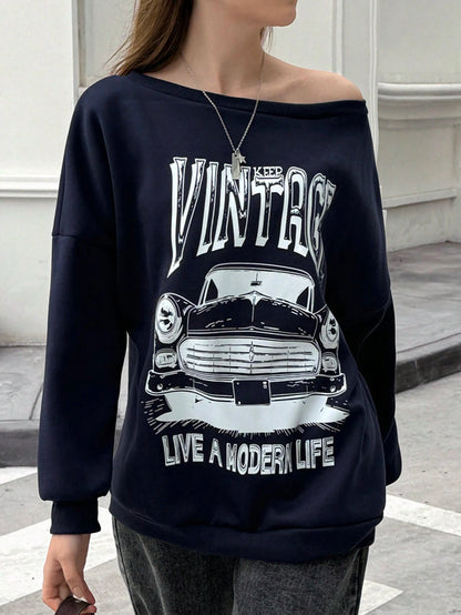 Women's Casual Car Letter Print Sweatshirt For Autumn Pullover Fall Outfit