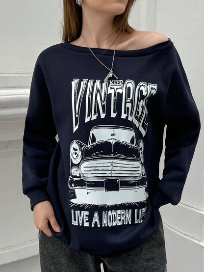Women's Casual Car Letter Print Sweatshirt For Autumn Pullover Fall Outfit