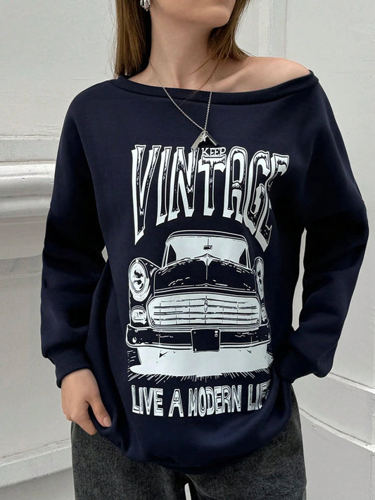 Women's Casual Car Letter Print Sweatshirt For Autumn Pullover Fall Outfit