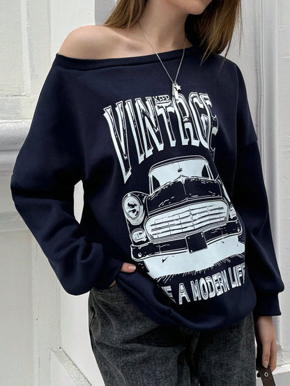Women's Casual Car Letter Print Sweatshirt For Autumn Pullover Fall Outfit