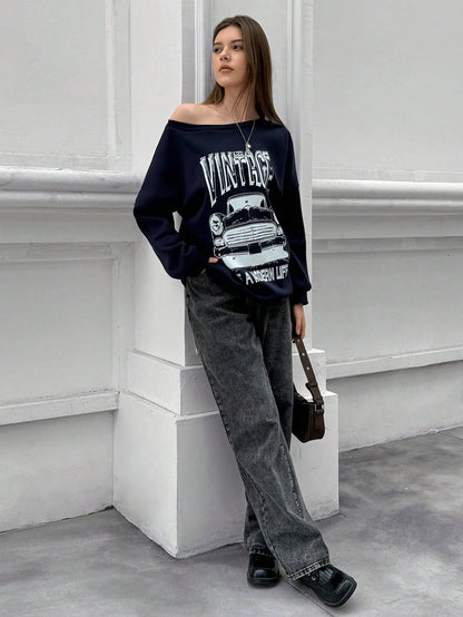 Women's Casual Car Letter Print Sweatshirt For Autumn Pullover Fall Outfit