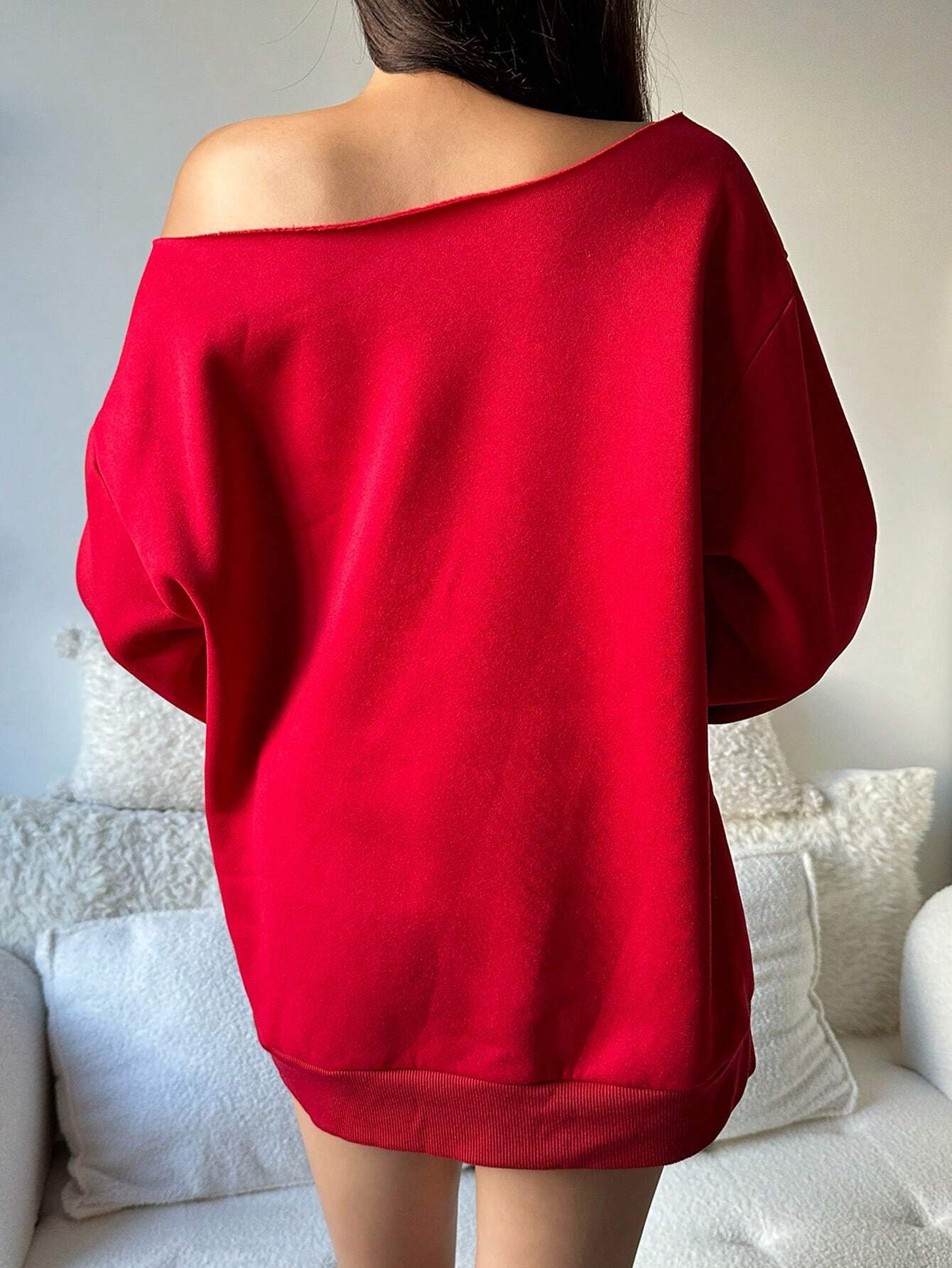 SXV Casual Minimalist Love Graffiti Print Loose Off-Shoulder Sweatshirt, Thickened Red